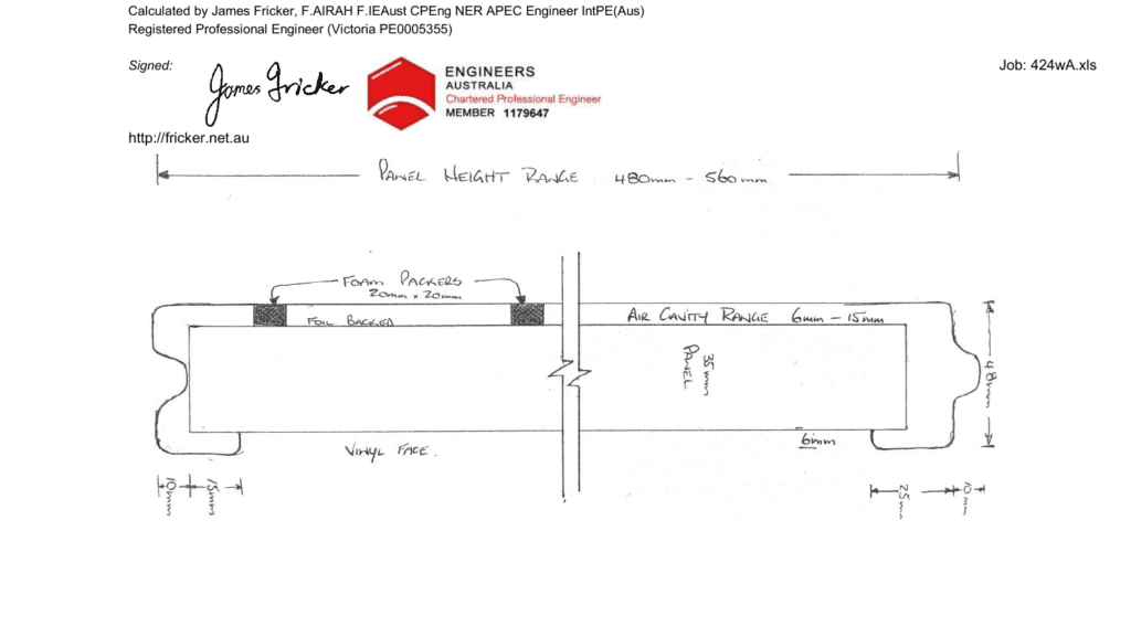 ThermaDoor garage door insulation assembly diagram — independent NatHERS assessment engineering report showing R-value calculation to AS/NZS 4859.2:2018 by James M Fricker, Chartered Professional Engineer