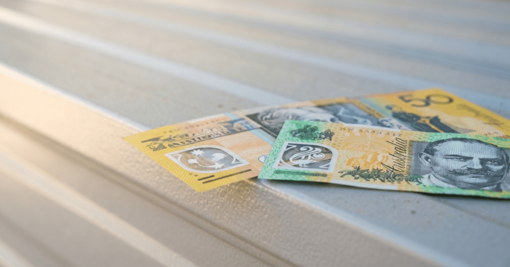 Australian banknotes on a garage door panel