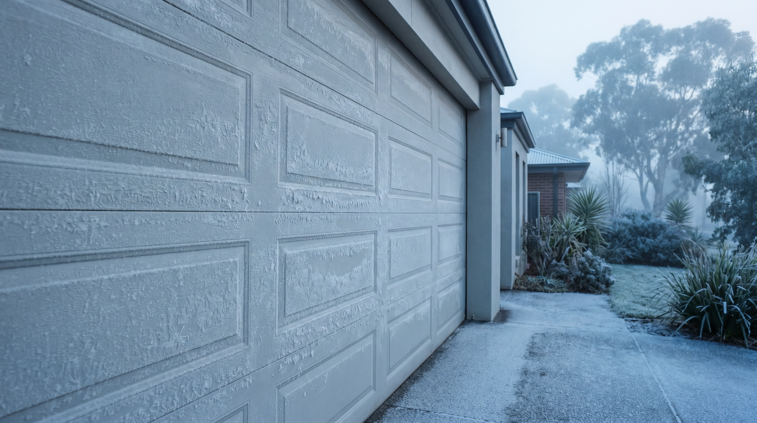 Frost on a steel sectional garage door on a cold winter morning — garage door insulation Australia