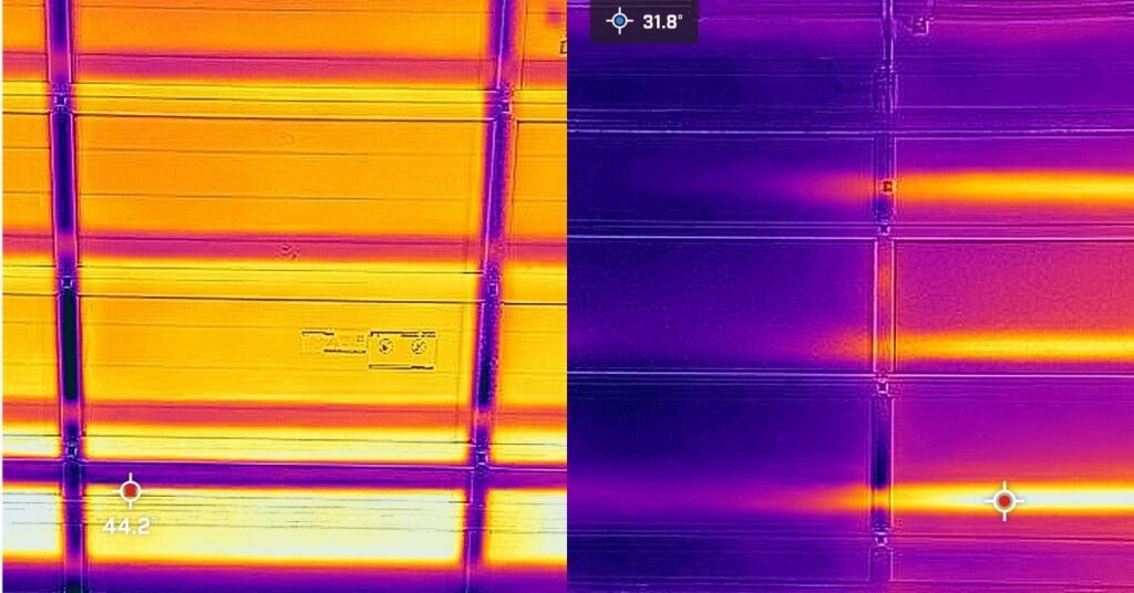 FLIR thermal image showing uninsulated garage door at 44.2°C compared to ThermaDoor insulated door at 31.8°C