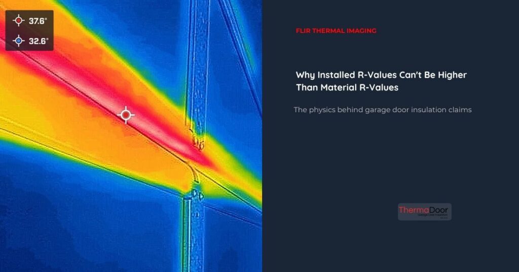 FLIR thermal image showing thermal bridging through steel hinges on an insulated garage door — why installed R-values cannot be higher than material R-values