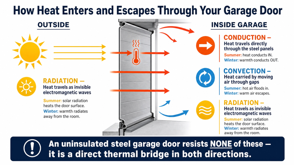 Diagram showing the three modes of heat transfer — conduction, convection, and radiation — through an uninsulated steel garage door in summer and winter