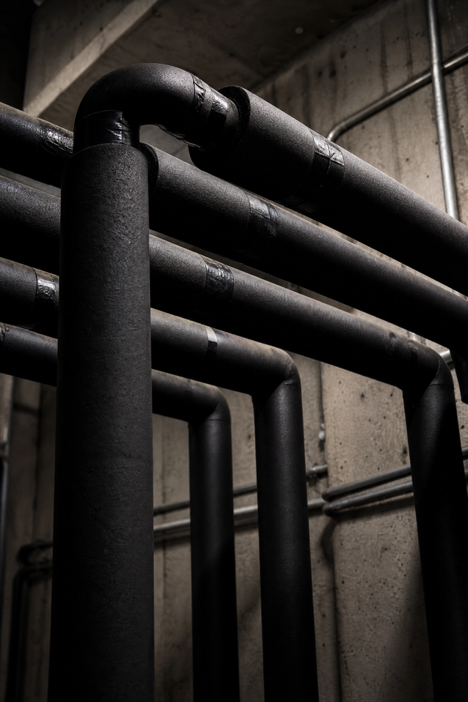 Closed-cell elastomeric rubber pipe lagging insulation on industrial pipes — the same material sold as garage door insulation in Australia
