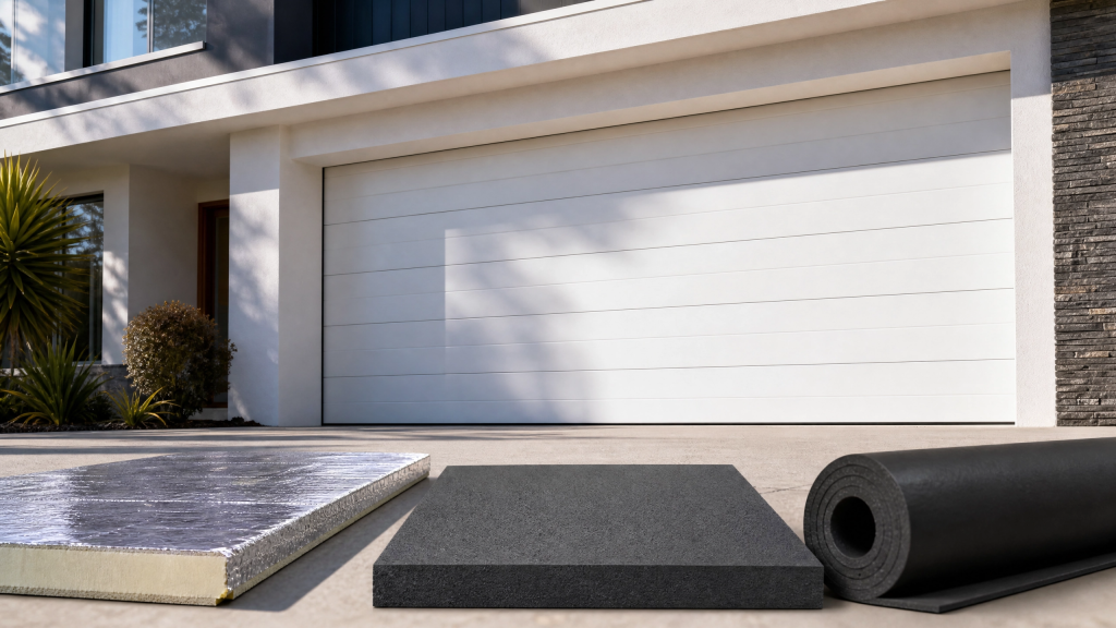 Three repurposed insulation materials — PIR roofing board, graphite polystyrene, and rubber pipe lagging — laid on a driveway in front of a modern Australian garage door